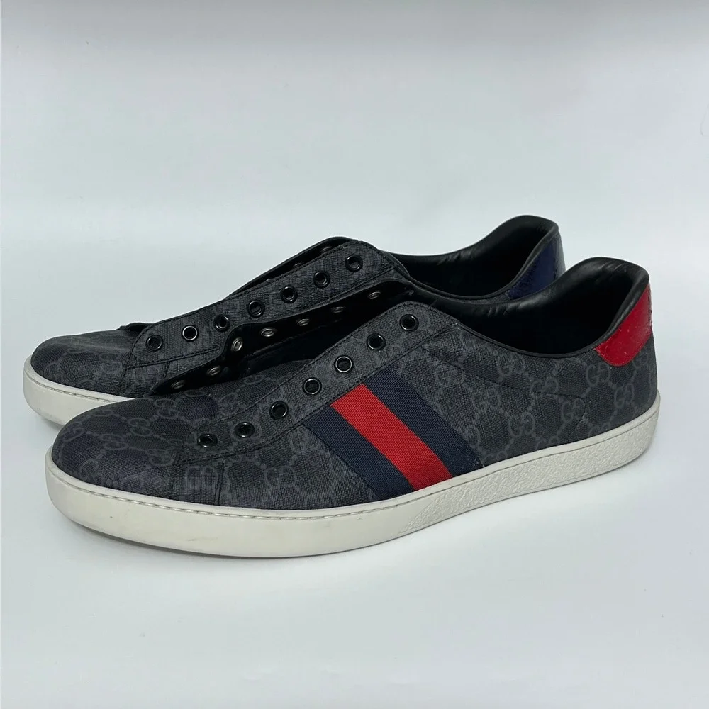 Gucci Ace GG Supreme Monogram Sneakers Grey Red Blue Web 429446 Mens 13